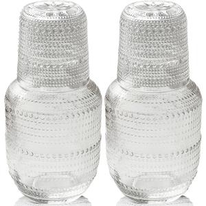 ZOOFOX Set of 2 Vintage Bedside Water Carafe and Glass Set, Clear Embossed Night Water Carafe with Tumbler Glasses, Elegant Pitcher and Matching Drinking Glass, Easy-Access for the Night