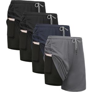 Kinglaman 4 Pack Mens 2 in 1 Running Workout Shorts with Liner, Gym Athletic Quick Dry Sport Shorts with Pockets, Large, 2 Black 1 Blue 1 Gray