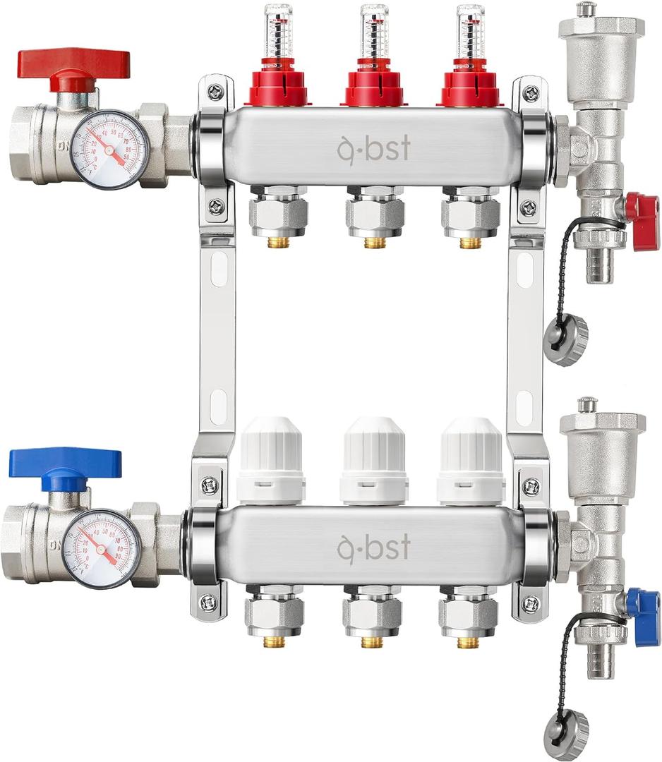 ABST PEX Manifold,3 Loop Stainless Steel Floor Radiant Heat Manifold Kit with 1/2" Adapters Included for Hydronic Radiant Floor Heating