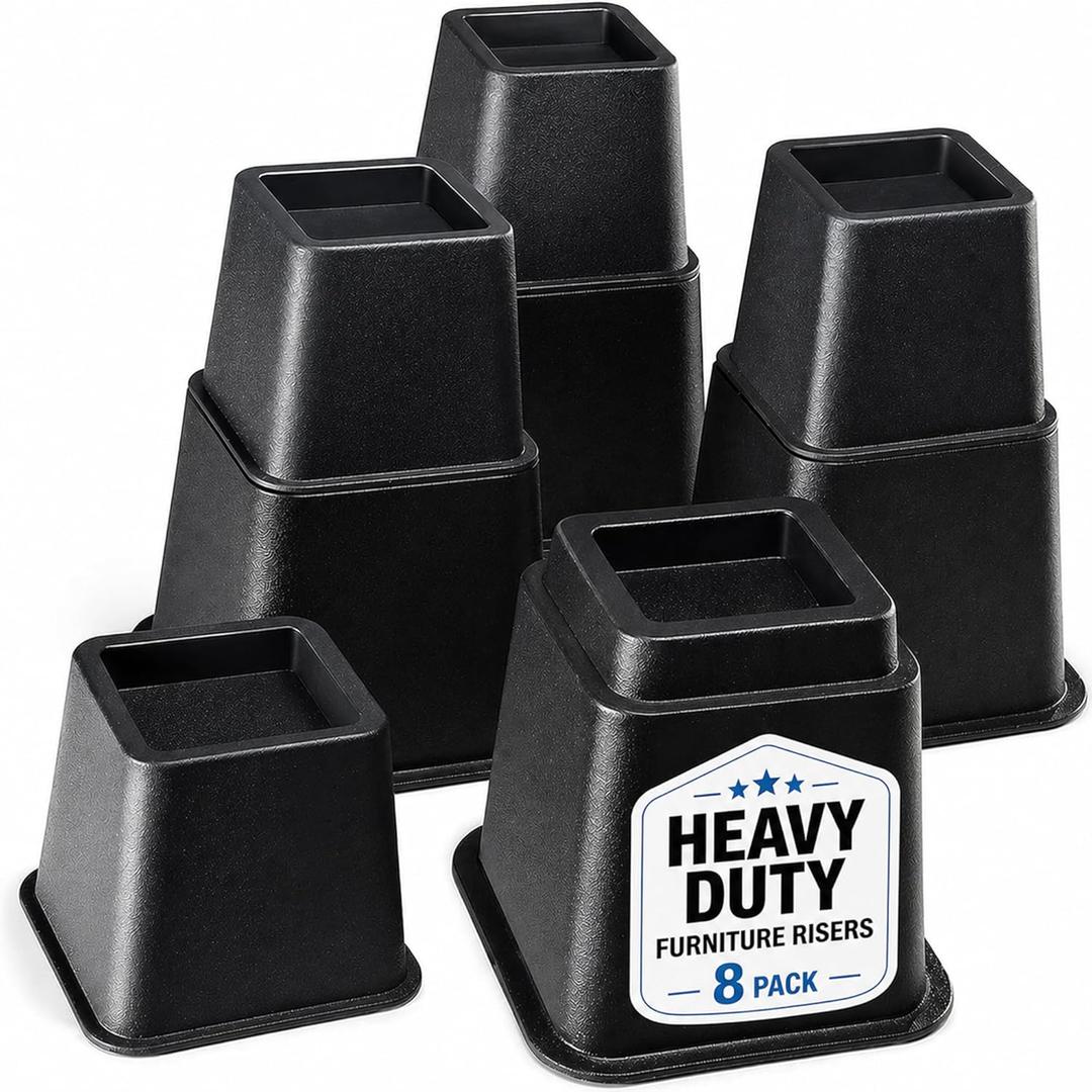 Home It Adjustable Bed Risers - Elevation in 3, 5 or 8 Inch - Heavy Duty Stackable Furniture Risers Supports 1,300 lbs - for Under-Bed Storage, College Dorms, Table and Couch, 8 Pack Bed Lifts Black