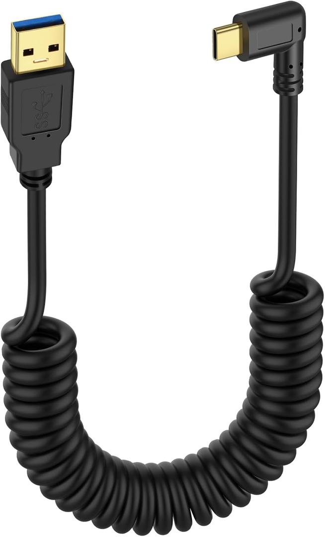SinLoon USB Type C Coiled Cable 5Gbps Retractable 90 Degree USB3.0 to USB C Charging Cable and Data Transfer for Phone, Tablet, Other USB C Devices (M to R)