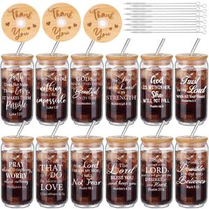 Tioncy 12 Pcs Religous Thank You Gifts for Women Appreciation Teacher Nurse Christian Religous Gifts 16oz Glass Cup with Bamboo Lids Straws Coffee Drinking Jars for Coworker
