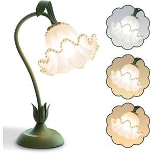 AQDZCNF Flower Table Lamp,LED Reading Light Bedside Vintage Flower Night Light,3 Colors Modes Kawaii Bedside Lamps Decor,Living Room Bedroom Room Lighting Table Lamps Home Decoration (Green Pearls)