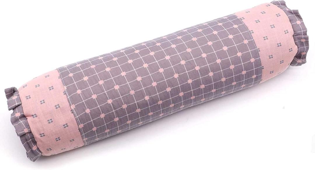 Round Neck Buckwheat Pillow, Neck Support Cervical Pillow for Side and Back Sleepers with Removable Washable Cover (16x4 inch, Grey&Pink)