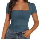 Trendy Queen Women's Square Neck Tops Short Sleeve Shirts Double Lined Workout Summer Clothes Casual Slim Fit T-Shirts, Size: M