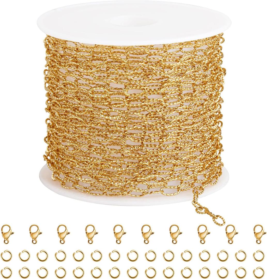 SMYHTGLIF 16.4 Feet Gold Stainless Steel Jewelry Making Chains Oval Embossed Chain Bulk DIY Paperclip Chain with Lobster Clasps and Jump Rings for Jewelry Making
