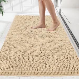 Bathroom Rugs Mat 60 x 36, Thick Soft Absorbent Chenille Bath Rugs, Rubber Backing Bath Mats for Bathroom Floor, Tub, Shower, Bedroom, Home Decor Accessories, Quick Dry Machine Washable, Beige