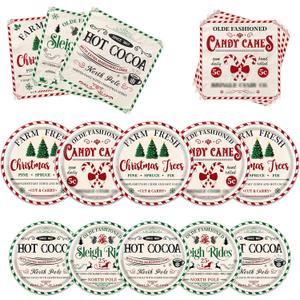 Gupesxu 60Pcs Vintage Christmas Party Decorations,Christmas Party Plates and Napkins Retro Xmas Text Hot Cocoa Xmas Tree Tableware for Winter Holiday Party Serve 20