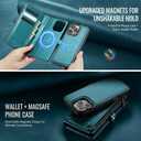 Defencase for iPhone 16 Pro Magnetic Wallet Case Compatible with Magsafe with RFID Blocking Zipper Strap Card Holder for Women Men PU Leather Detachable Case for iPhone 16 Pro (6.3 inches), Blue Green