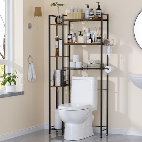 QOOIE Over The Toilet Storage with Wooden Shelves and Side Rack, 7-Tier Metal Over Toilet Bathroom Organizer Freestanding Storage Shelf for Toilet Paper, Towels, Toiletries, Ideal for Small Bathroom