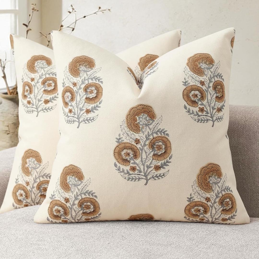 YCOLL Vintage Floral Print Pillow Covers 20x20 Set of 2 Patterned Accent Decorative Cushion Covers Modern Farmhouse Throw Pillow Covers for Sofa Couch Chair Bed Living Room Home Decor, Cognac Brown