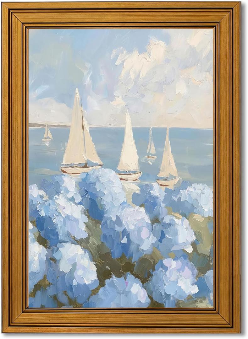 Gold Framed Vintage Coastal Hydrangea Canvas Wall Art Coastal Sailboat Painting Picture Wall Decor Seaside Summer Poster Print Artwork for Bedroom Living Room Bathroom Home Decoration 12x16in