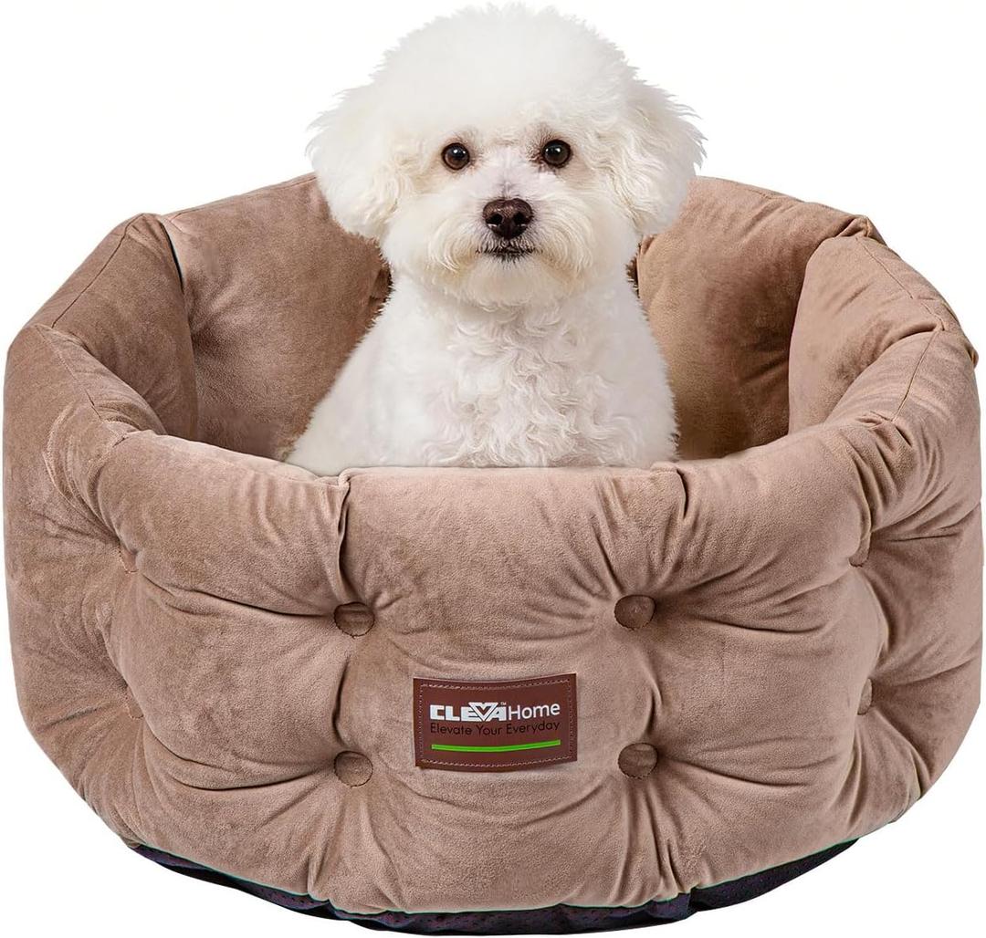 ClevaHome Deep Nest Cat Bed for Small Pets up to 15lbs - Round Cat Beds for Indoor Cats, Luxurious Velvet Feel, Extra High Sides, Machine Washable Comfort Pet Bed with Non-Slip Bottom (Warm Beige)