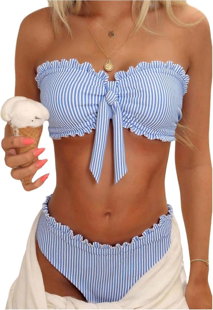 Floerns Women's 2 Piece Striped Bikini Sets Tie Front Bandeau Swimsuit Frill Trim Bathing Suit, Small