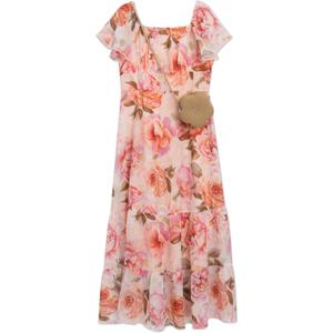 Speechless Girls' Flutter Sleeve Floral Printed Chiffon Maxi Dress (16, Coralpink)