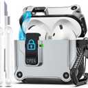 R-fun Compatible with AirPods 4th Gen Case, Full Drop Protection Auto Pop-Up Lid and Lock Design with Cleaner Kit and Keychain for AirPods 4 2024-Silvery