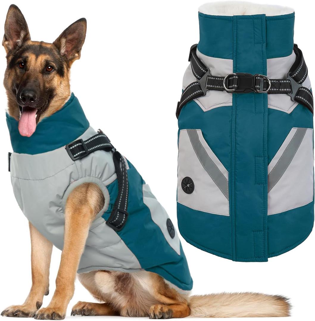 IECOii Dog Winter Coat with Harness Built in, Waterproof Windproof Dog Coats for Dogs, Thermal Fleece Cold Weather Jackets with Zip, Outdoor Warm Snow Jacket Reflective, Turquoise Green, XL