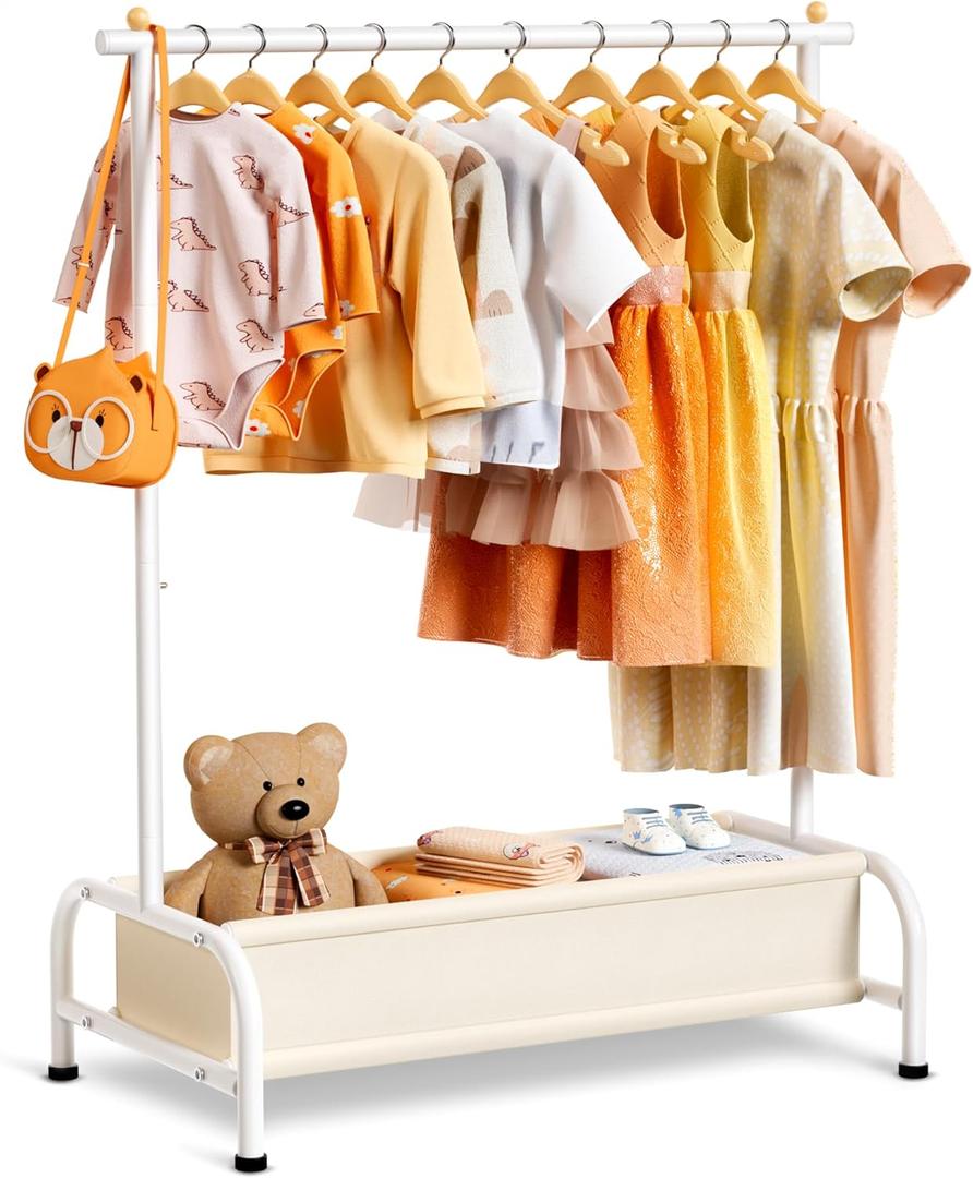 MISSLO Kids Clothing Rack with Basket Small Dress Up Storage Short Toddler Dress Up Rack Kids Closet for Baby Clothes, White (15"D x 32"W x 45"H)