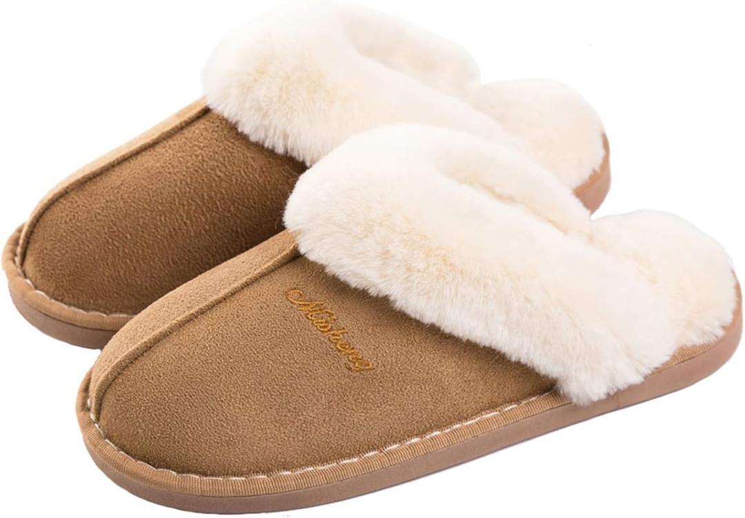 Womens Slippers Soft Plush Warm House Shoes Anti-Slip Fluffy Fur Indoor/Outdoor Slippers (8.5-9, Tan)
