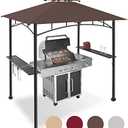FAB BASED 5x8 Grill Gazebo, All-Weather Steel Construction, Double Tiered & Resistance Canopy Roof, Metal Serving Shelves, 2 LED and Bottle Opener for Patio, Backyard, BBQ (Brown)