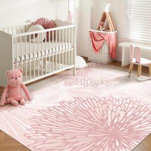 Pink Rugs for Bedroom Girls: 8x10 Modern Large Washable Soft Cute Boho Floral Pattern Area Rug Neutral Indoor Floor Non-Slip Carpet for Living Room Dining Nursery Kids Playroom Baby Room House Decor