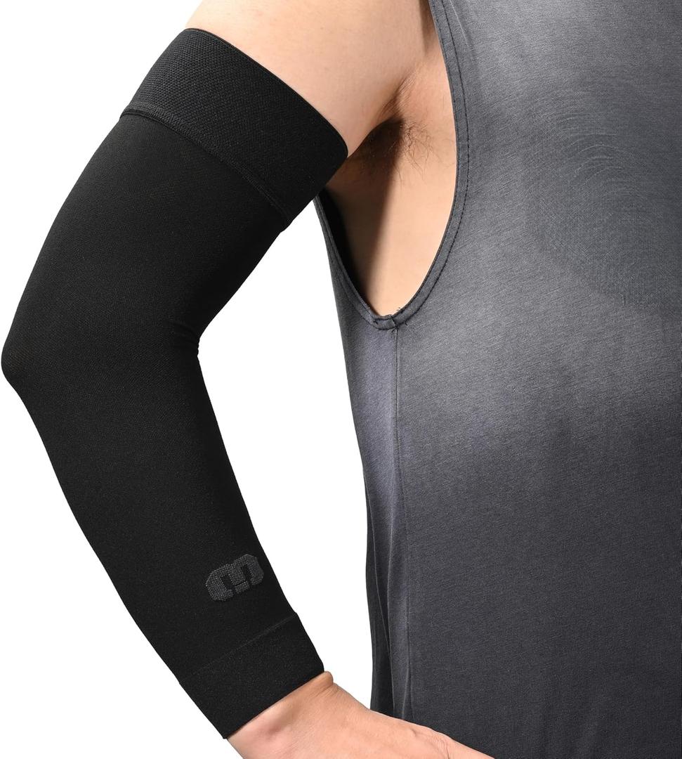 MGANG Lymphedema Compression Arm Sleeve for Women Men, Opaque, 15-20 mmHg Compression Full Arm Support with Silicone Band, Relieve Swelling, Edema, Post Surgery Recovery, Single Black Medium