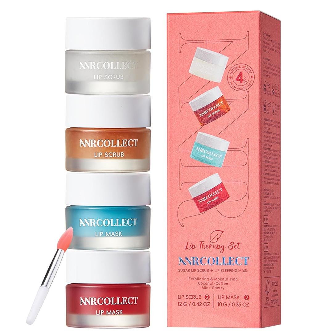 Lip Scrub and Lip Mask Set- Lip Treatment Care Kit with 2 Lip Exfoliator Scrub & 2 Lip Butter Mask, Intense Hydration Set for Dry Chapped Cracked Lips, Stocking Stuffers for Teen Girls