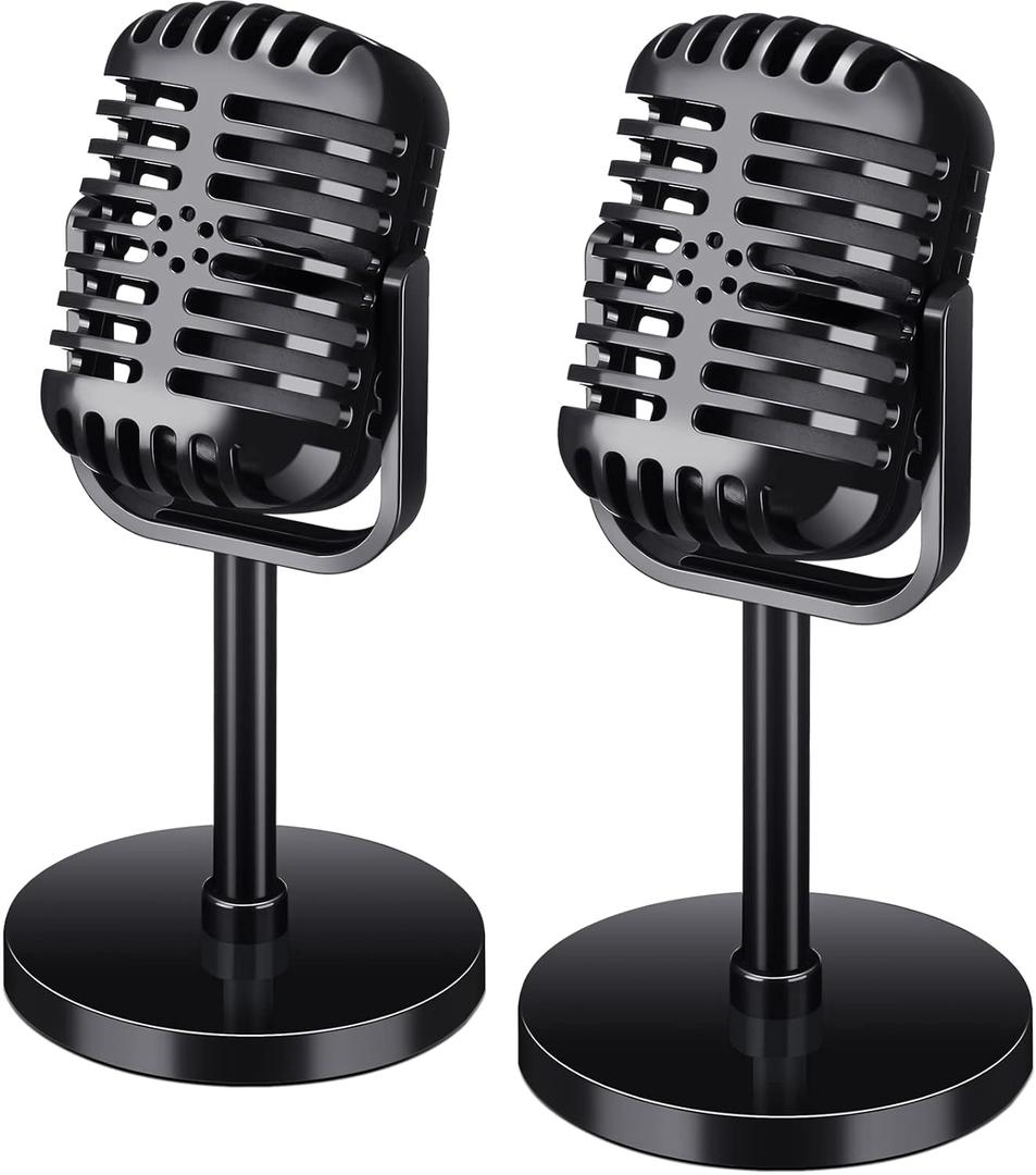 Chivao 2 Pack Retro Microphone Props Model Vintage Stage Table Decor Plastic Fake Microphone Antique Decor Stand Costume Prop for Party Toy (Black,Classic)