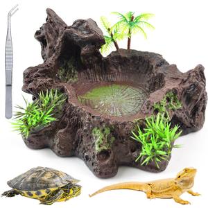 kathson Resin Reptile Bowl Bearded Dragon Food Dish Lizard Water Dish Reptiles Feeding Bowls with Feeder Tweezer for Leopard Gecko Tortoise Chameleon Water Frog Hermit Crab