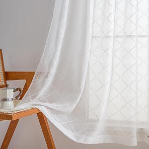 Sharpliving White Diamond Check Sheer Curtains, Set of 2 Panels, 54" W x 84" L, Faux Linen Semi-Sheer Curtains for Living Room and Bedroom