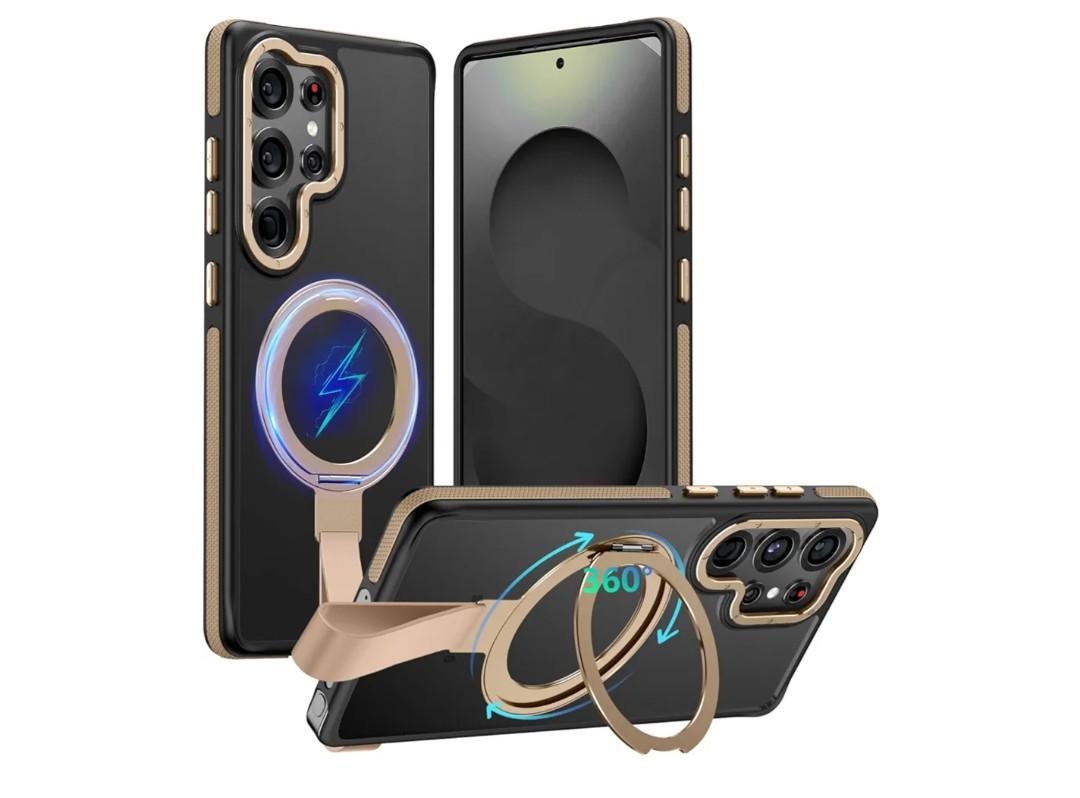 TIANNIUKE for Samsung Galaxy S25 Ultra Case 360°Rotatable Magnetic Ring Holder Stand with Silicone Strap, Fit for MagSafe Mil-Grade Shockproof Translucent Matte Phone Cases for S25 Ultra (Desert Gold)