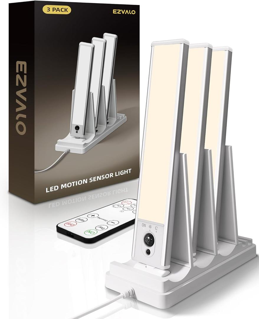 EZVALO Under Cabinet Lighting with Charging Station, Rechargeable Motion Sensor Light Indoor, Dimmable Closet Lights Wireless, 3500K, Motion Activated Under Counter Lights for Kitchen, Pantry(3 Pcs) (Warm White)