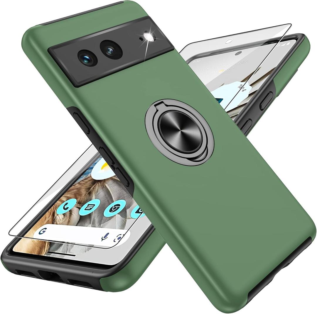 for Pixel 7 Case with HD Screen Protector, Shockproof for Google Pixel 7 Phone Case with 360 Magnetic Ring Holder Kickstand Phone Case for Google Pixel 7,Green