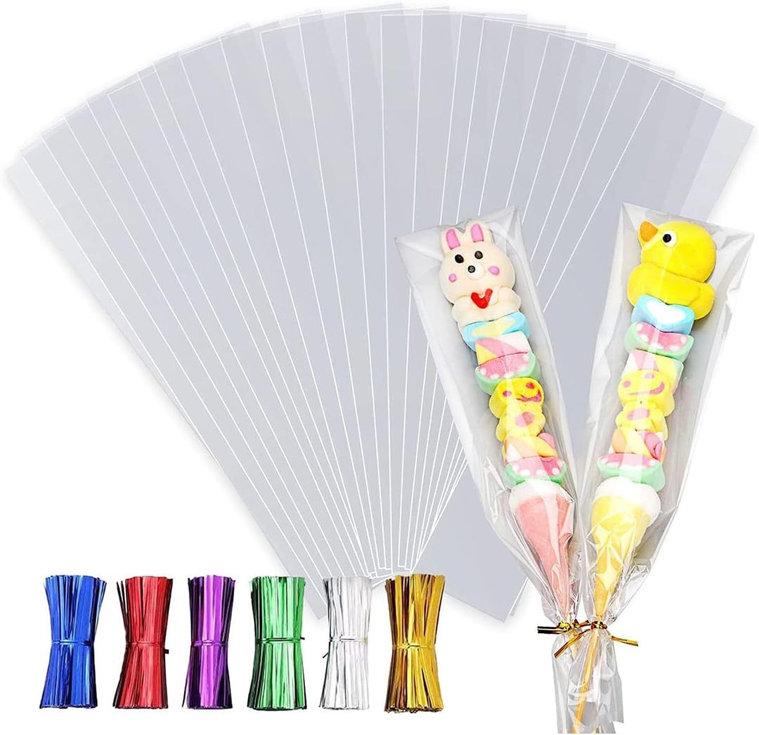 100Pcs Cellophane Treat Bags 3 X 11 Inches Clear Long Flat Gift Wrap Clear Pretzel Bags with 6 Mix Colors Twist Cake Pop Cello Goodie Treat Party Cookies Packaging