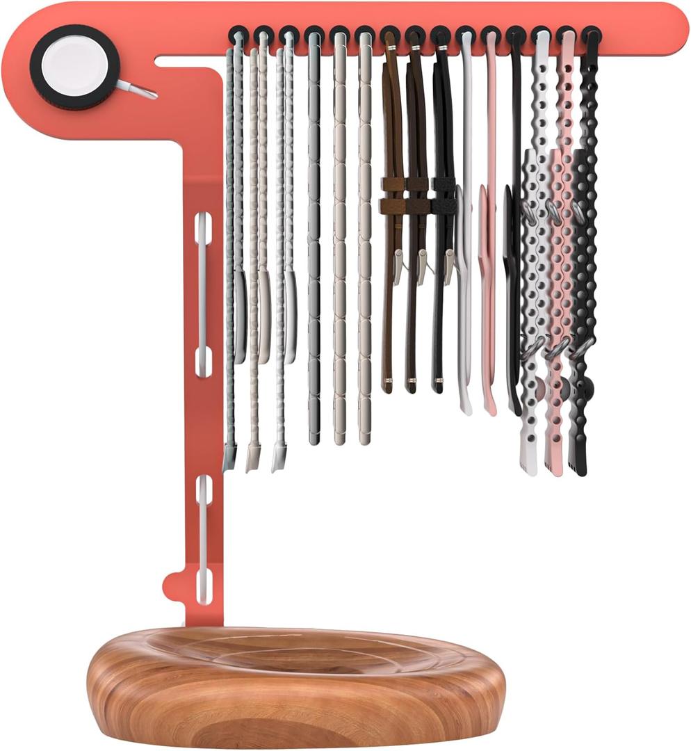 3 in 1 Watch Band Holder Organizer for Apple, Apple Watch, Band and Charger Organizer, 15 silicone Groove Display, 13 inch height large space design, Walnut Wooden Base, steel stand