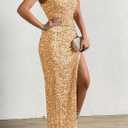 Womens Sequin One Shoulder Sleeveless Wedding Guest Dresses High Split Sparkly Glitter Gowns Bodycon Maxi Dresses (S)