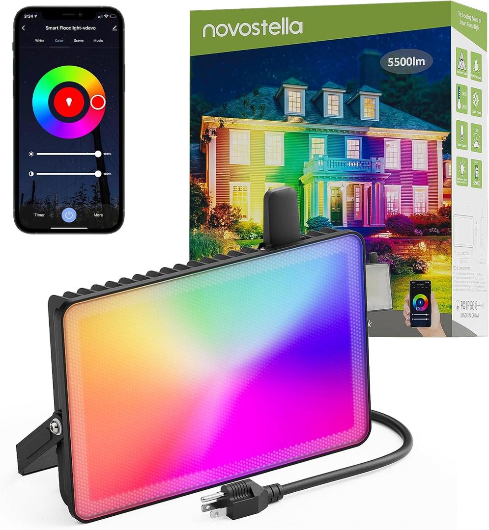NOVOSTELLA Smart RGB LED Flood Light Outdoor 60W Tunable White, Color Changing Landscape Halloween Uplights, IP66 Waterproof, Group Control Spotlights, 2700K-6500K Strobe Lights for House Event 1PC