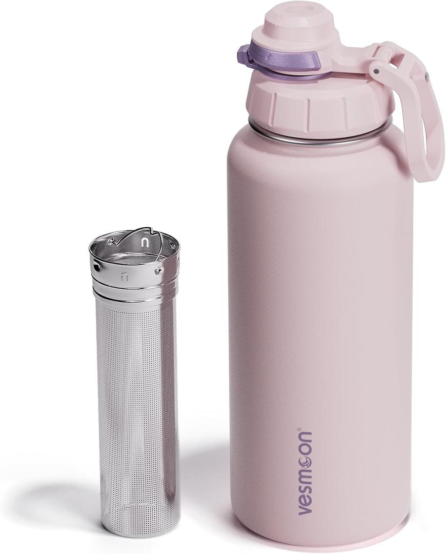 Vesmoon Vessence 32 Oz Stainless Steel Tea Infuser Bottle for Loose Leaf Tea, Water, Herbs, Fruits - Triple Layered Insulated, Leak Proof Bottle with Lid and Clip Handle - 24 Hours Hot/Cold (Denali Lilac)