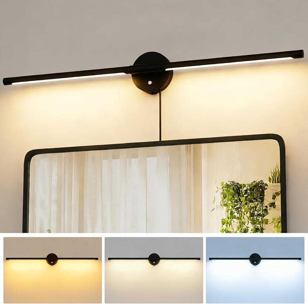 31inch Plug in Bathroom Vanity Light, 6000K Black Wireless Vanity Lights with Remote Control, Black Bar Mirror Light for Bathroom Mirror