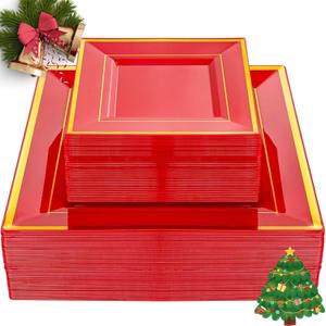 Liacere 100PCS Red and Gold Square Plastic Plates-50PCS Heavy Duty 9.5inch Disposable Dinner Plates and 50PCS 6inch Red Dessert Plate - Gold Plastic Plate for Party&Wedding&Christmas