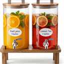 MerryNine 2PCS 1.1 Gallon Glass Drink Dispensers for Parties with Wood Stand, Punch Borosilicate Glass Beverage Dispenser, Leakproof Filter Stainless Spigot for Hot/Cold Lemonade Juice Tea Party Event