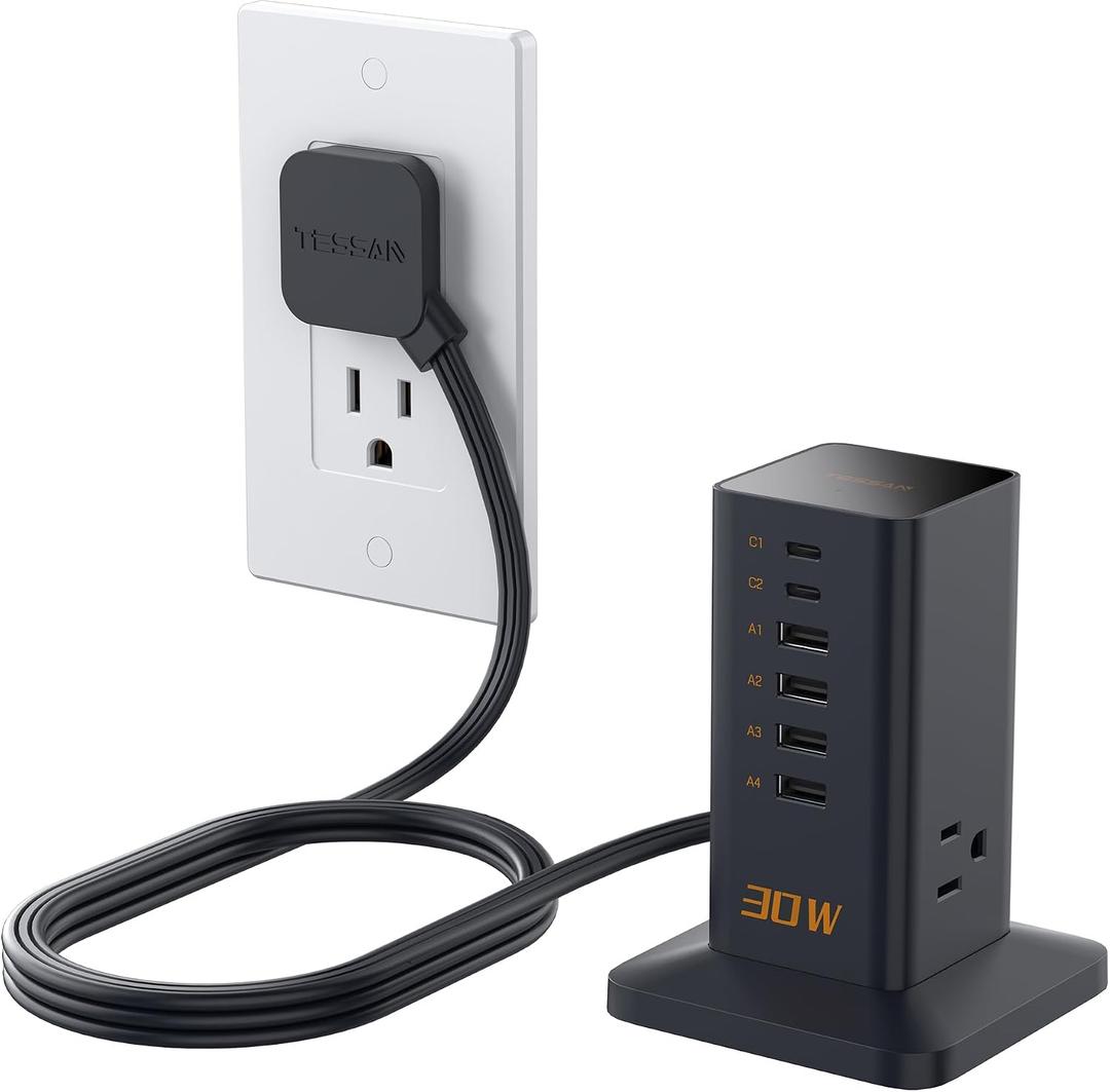 Charging Station for Multiple Devices, TESSAN 9-in-1 USB C Power Strip for iPhone 17/16/15, MacBook, Tablet, Desktop Phone Fast Charger with 3 AC, USB Charger, Home Drom Office Accessories, Black-30W