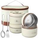 Dandat 4 Pcs Insulated Bento Box Portable Stainless Steel Food Container Round Stackable Leakproof Thermal Food Container for Adult Men Women with Insulated Bag, 74 oz(Beige)