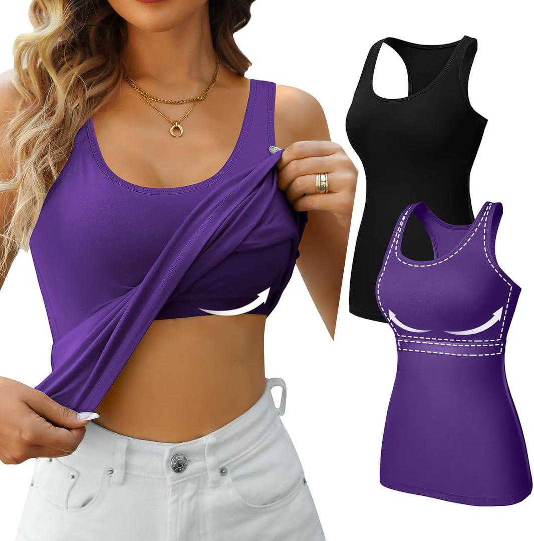 V FOR CITY Tank Tops with Built in Bras for Women Racerback Slim Fit Cami Basic Yoga Undershirts 2 Pack Black/Purple XL
