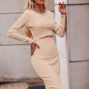 PRETTYGARDEN Women's Long Sleeve Midi Bodycon Dresses Casual Crewneck Cut Out Ribbed Knit Fitted Pencil Dress (X-Large, Apricot)