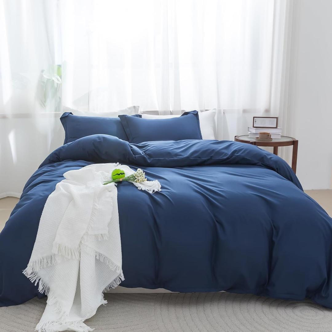 Navy Duvet Cover Twin Size - Soft Brushed Microfiber, 1 Duvet Cover 68x90 Inches with Zipper Closure 8 Ties & 1 Pillow Sham, Breathable Bedding Set for All Season (No Comforter)