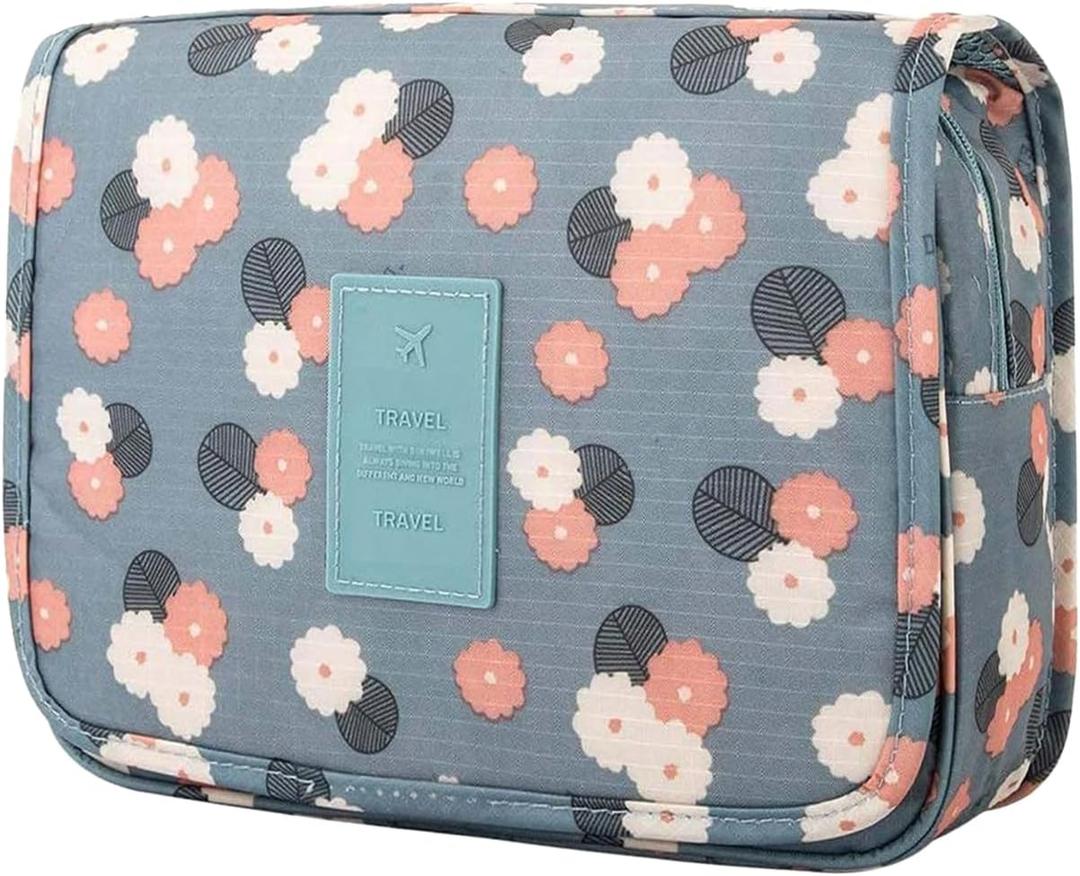 L&FY Hanging Travel Toiletry Bag Women's Cosmetic Organizer Makeup Case Pouch Men's Shaving Kits With Handle (Blue Flower)