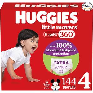 Huggies Size 4 Baby Diapers, Little Movers HuggFit 360° Baby Diapers with 360° Waistband, Size 4 (22-37 lbs), 144 Count (4 Packs of 36), Packaging May Vary