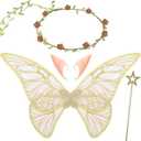 Sratte 4 Pcs Fairy Butterfly Wings for Girls Kids Princess Floral Crown Star Wand Ears Halloween Dress up Costume Accessories