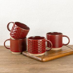 GBhome 12 OZ Stackable Coffee Mugs, Ceramic Coffee Mugs with Texture Patterns for Man,Woman,Dad,Mom, Modern Coffee Mugs Set of 4 for Latte/Cappuccino/Cocoa. Dishwasher&Microwave Safe